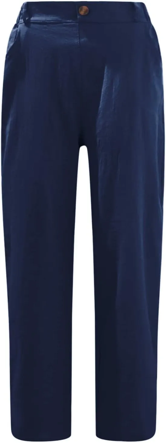 Cotton Linen Pants Women Elastic High Waist Solid Casual Baggy Trousers Straight Leg Comfy Summer Pants with Pockets