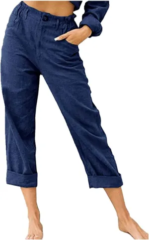 Cotton Linen Pants Women Elastic High Waist Solid Casual Baggy Trousers Straight Leg Comfy Summer Pants with Pockets