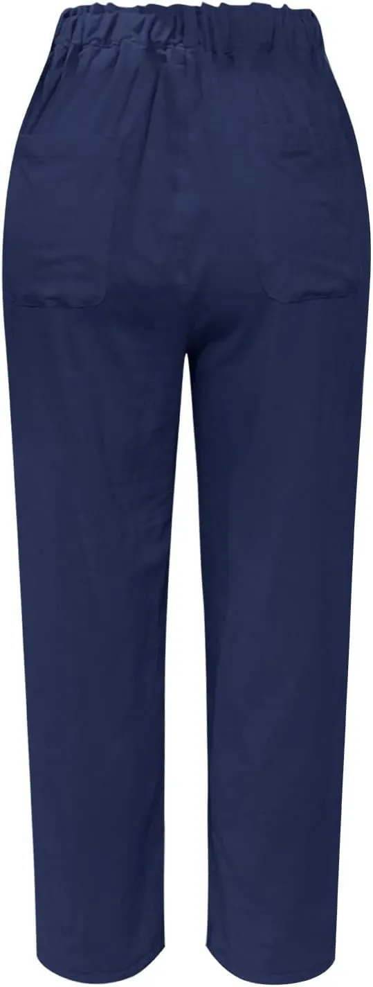 Cotton Linen Pants Women Elastic High Waist Solid Casual Baggy Trousers Straight Leg Comfy Summer Pants with Pockets