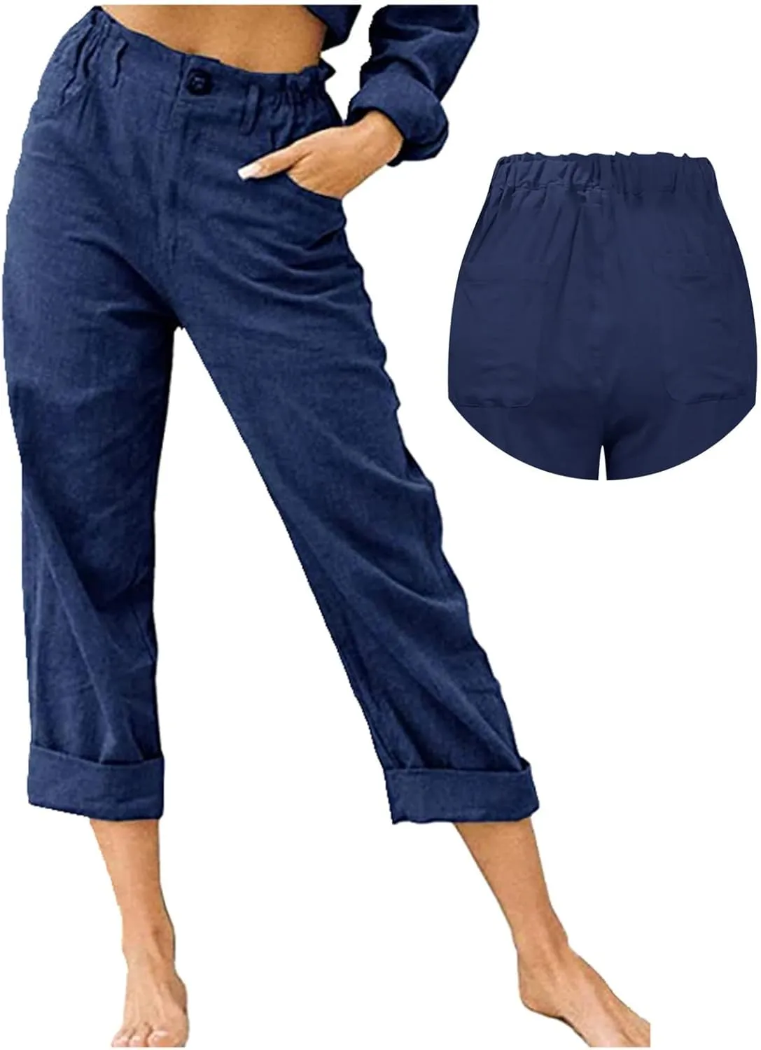 Cotton Linen Pants Women Elastic High Waist Solid Casual Baggy Trousers Straight Leg Comfy Summer Pants with Pockets