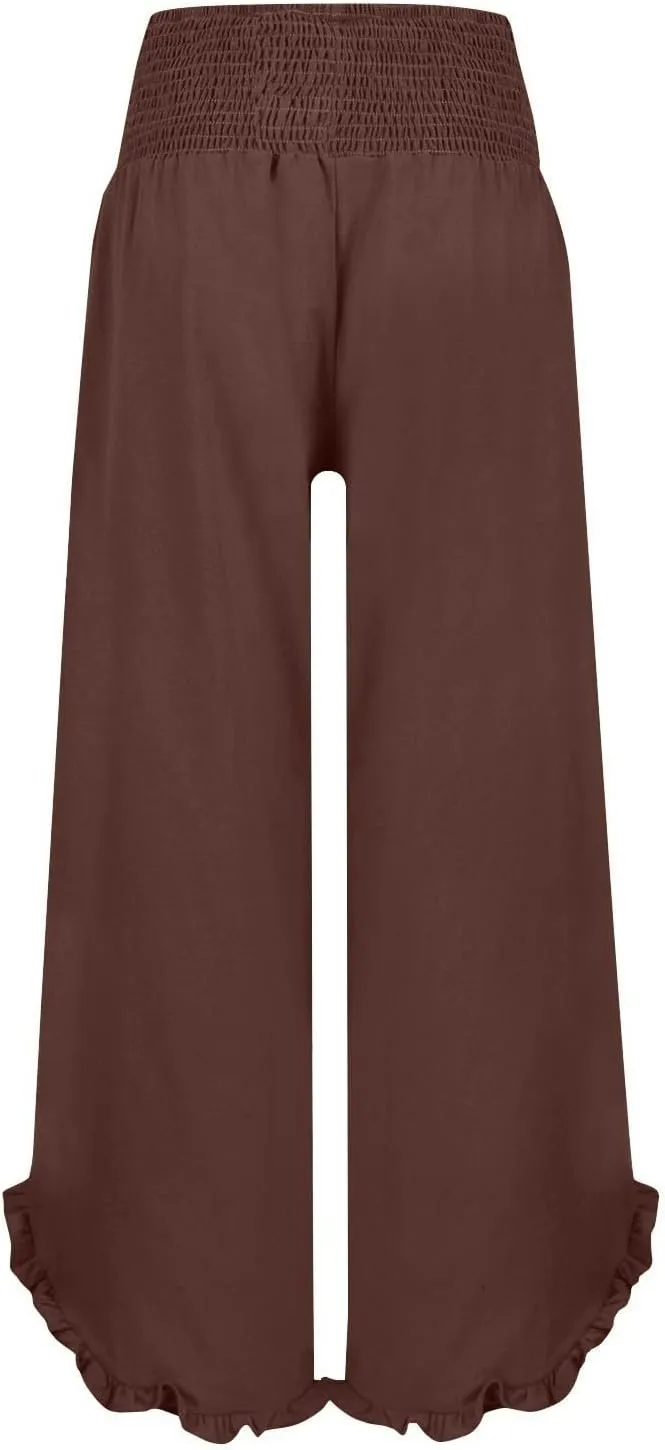Cotton Linen Pants Women Relaxed Fit Casual Flowy Wide Leg Beach Pants Lightweight Travel Vacation Trousers with Pockets