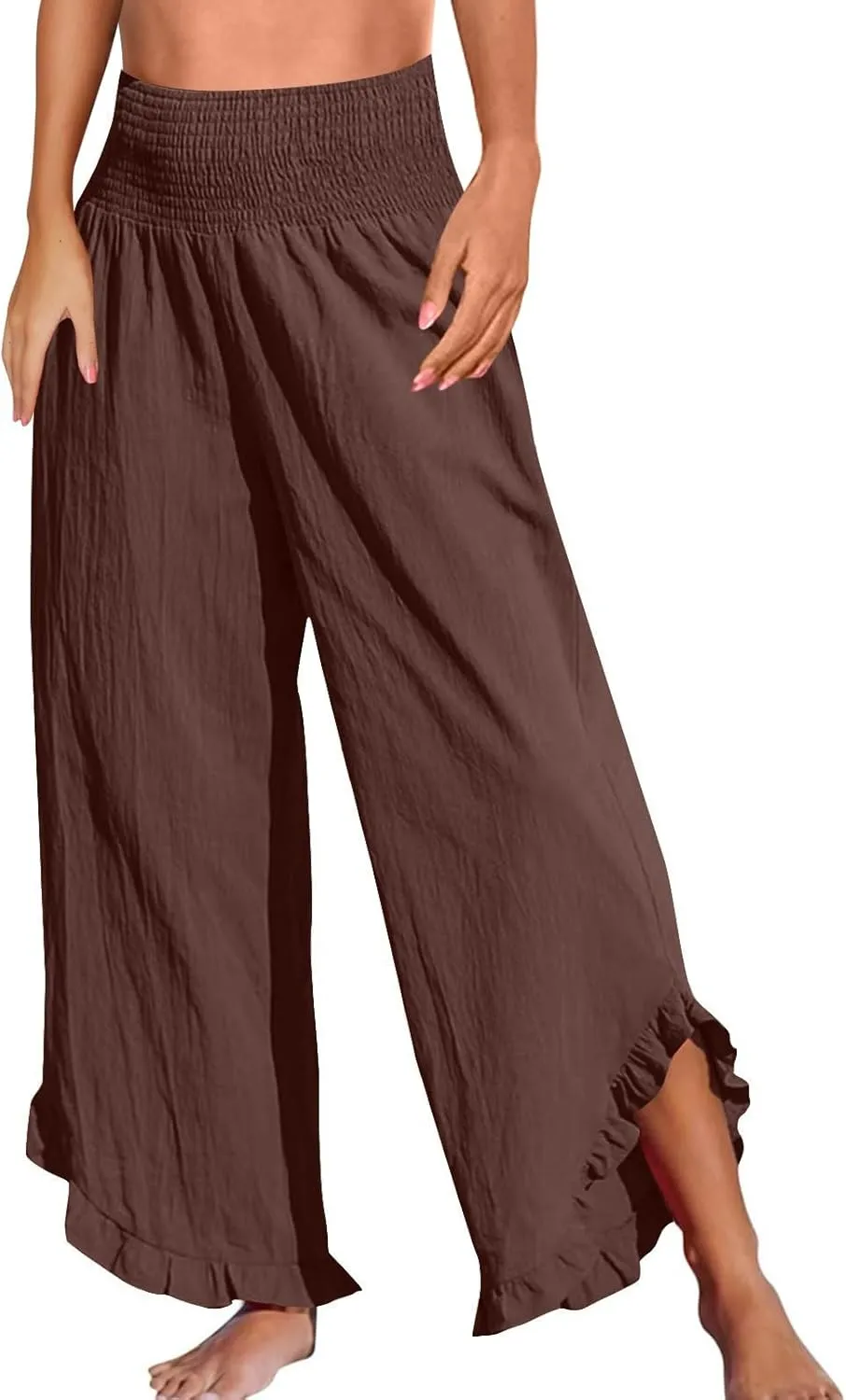 Cotton Linen Pants Women Relaxed Fit Casual Flowy Wide Leg Beach Pants Lightweight Travel Vacation Trousers with Pockets