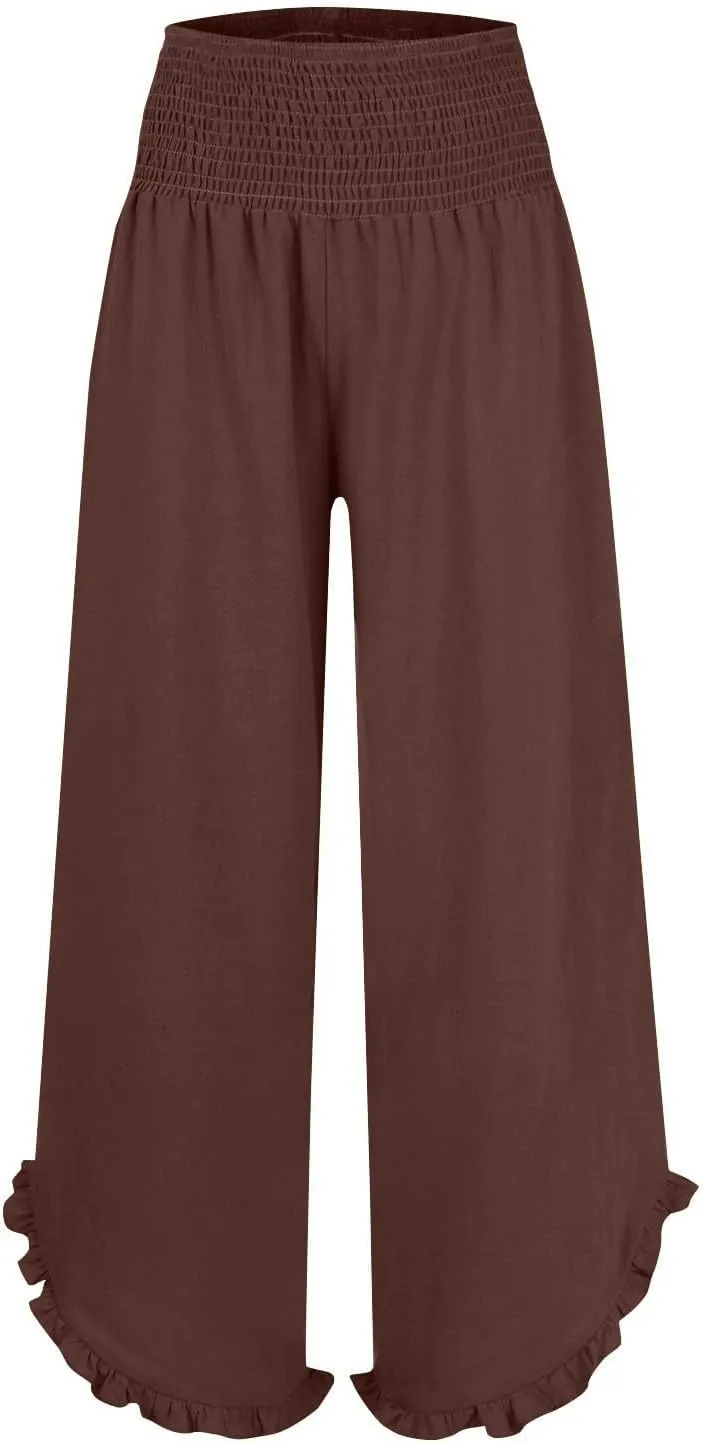 Cotton Linen Pants Women Relaxed Fit Casual Flowy Wide Leg Beach Pants Lightweight Travel Vacation Trousers with Pockets