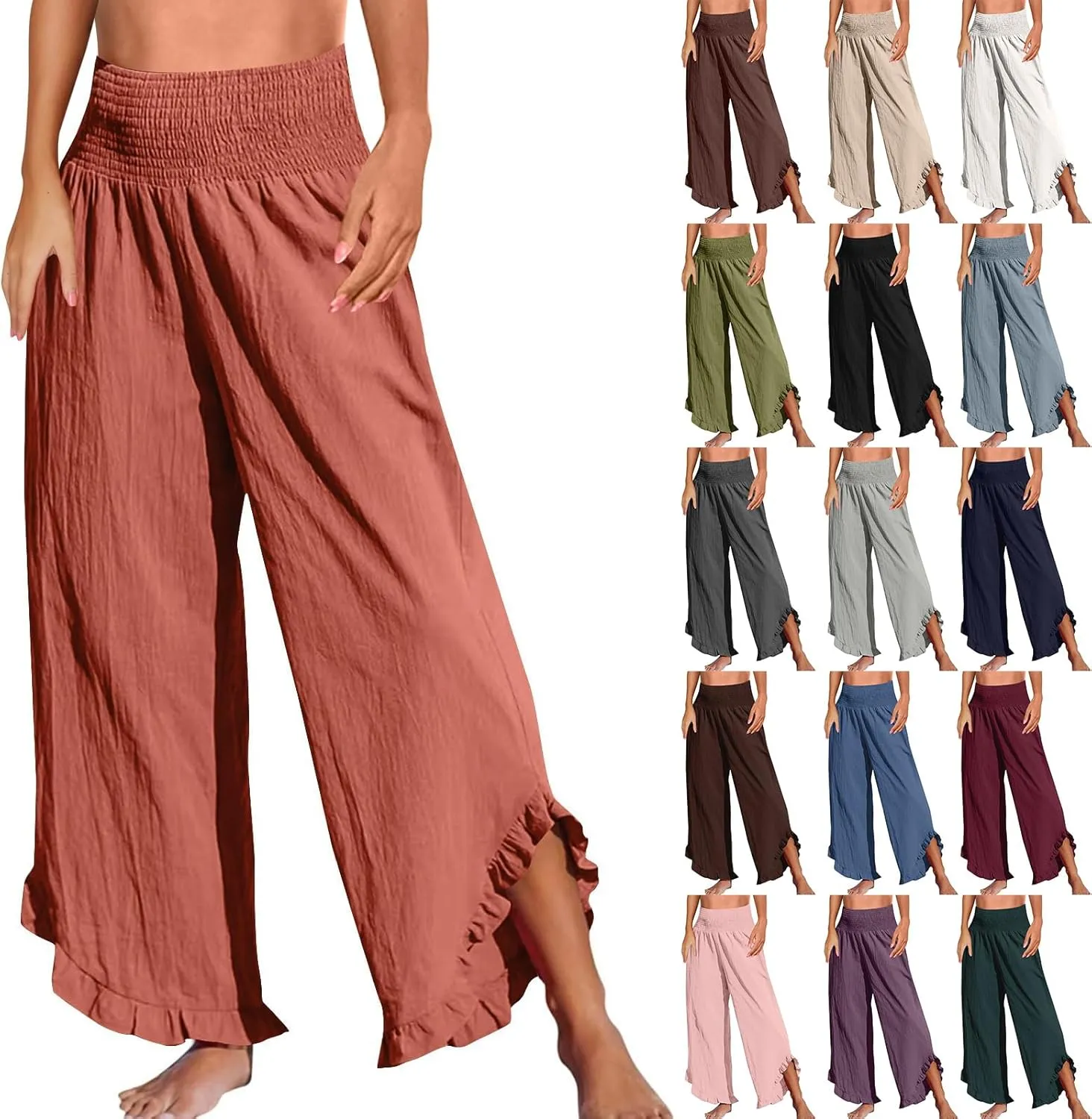 Cotton Linen Pants Women Relaxed Fit Casual Flowy Wide Leg Beach Pants Lightweight Travel Vacation Trousers with Pockets