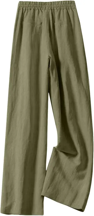 Cotton Linen Wide Leg Pants for Women Summer Casual Yoga Palazzo Pants High Waist Straight Leg Trousers with Pockets