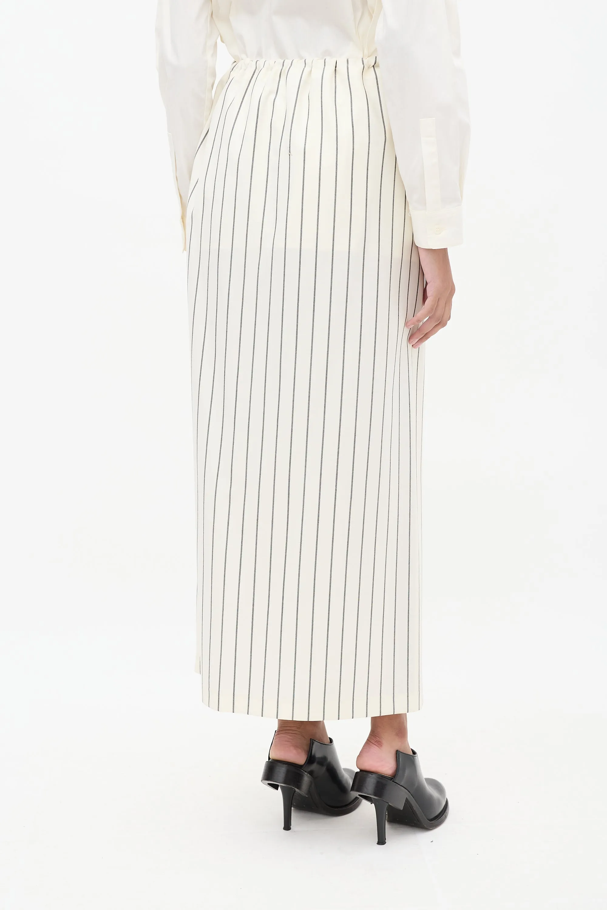 Cream & Black Striped Midi Skirt