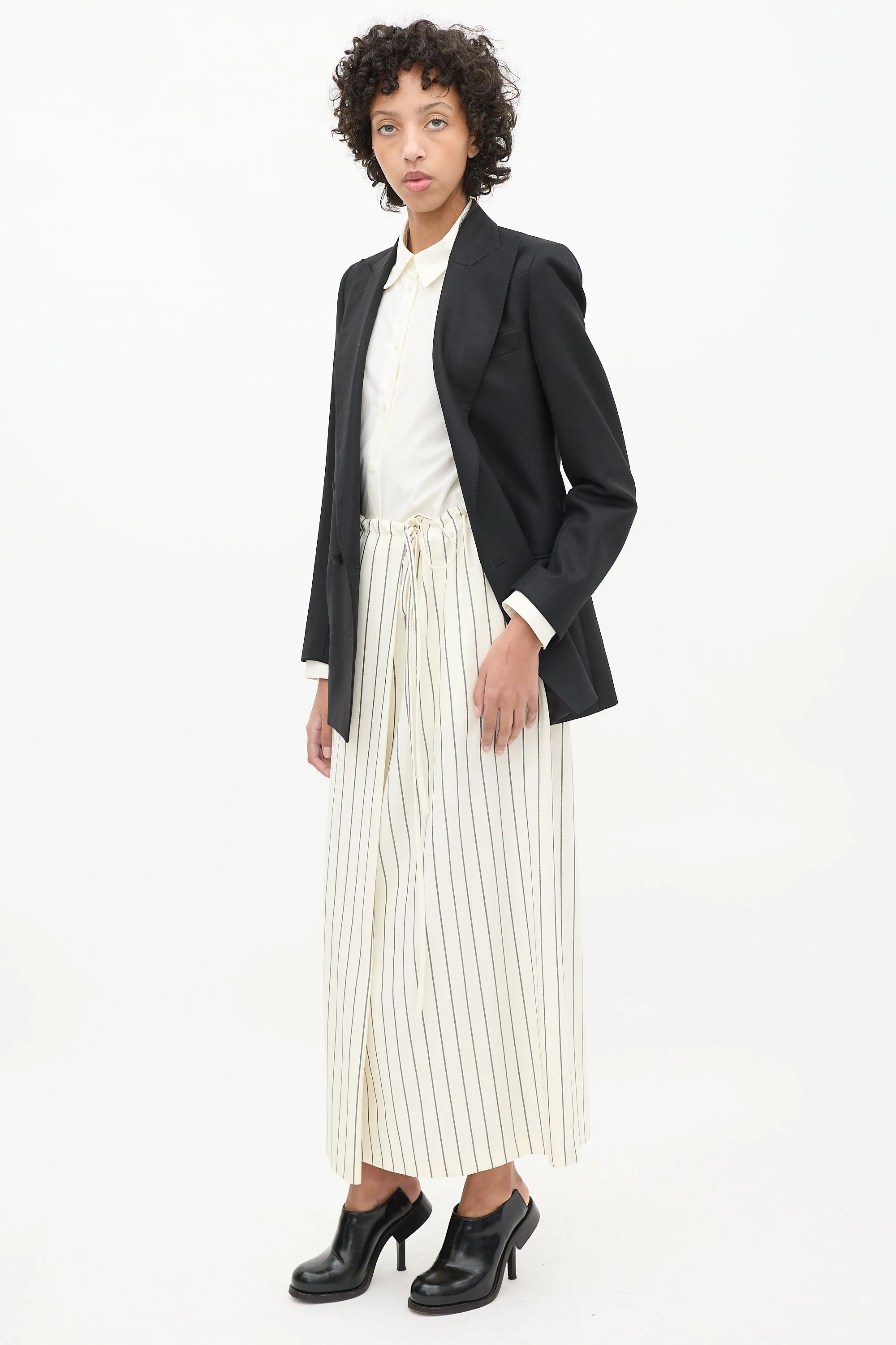 Cream & Black Striped Midi Skirt