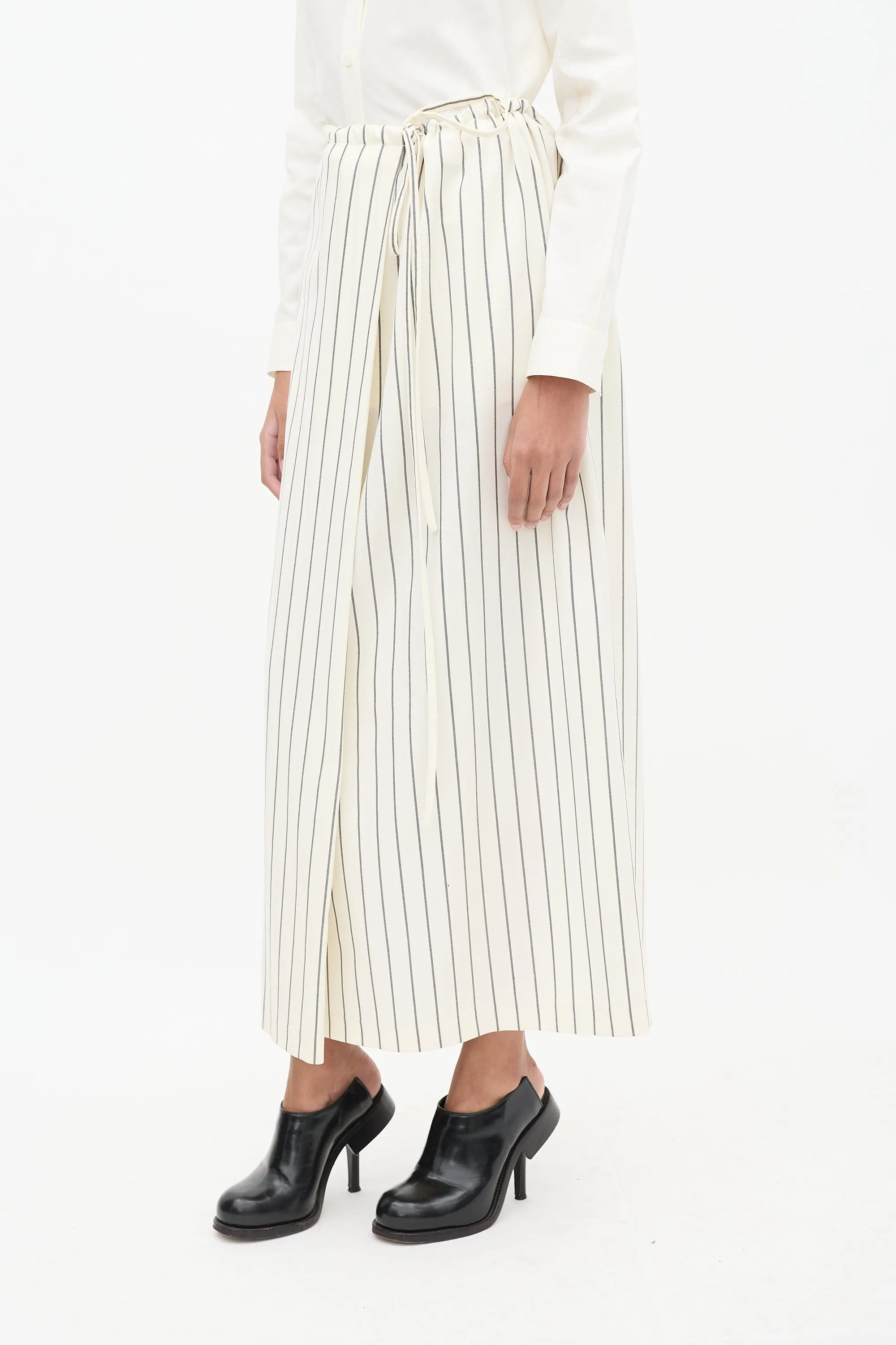 Cream & Black Striped Midi Skirt