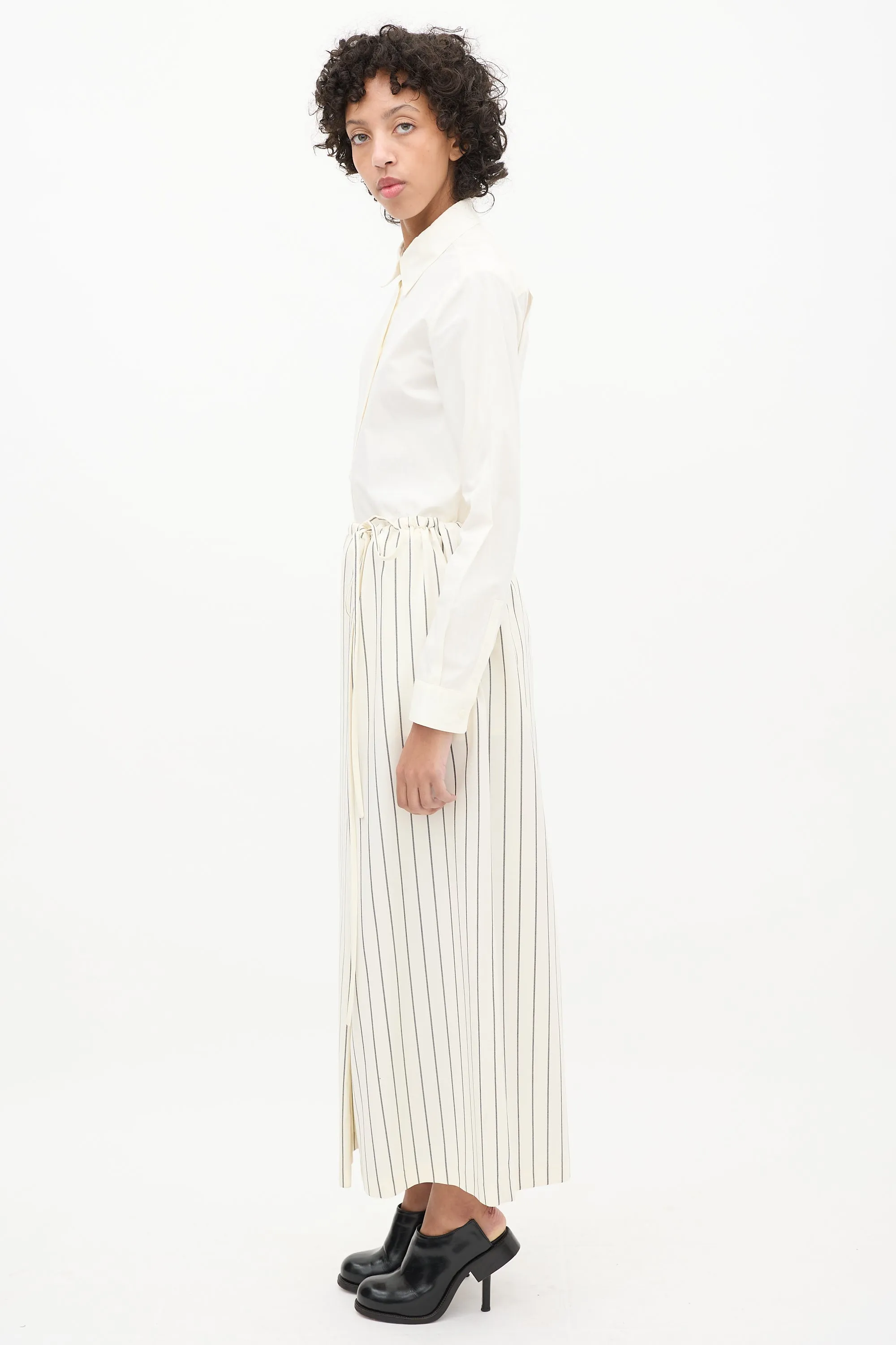Cream & Black Striped Midi Skirt
