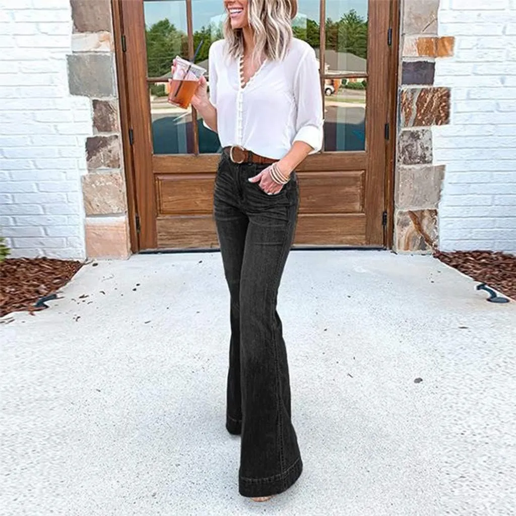 CRNTCEM Womens High Waist Flare Jeans Slim Fit Wide Leg Stretchy Bootcut Pants Ladies Plus Size Cozy Vintage Y2K Jean Trouser