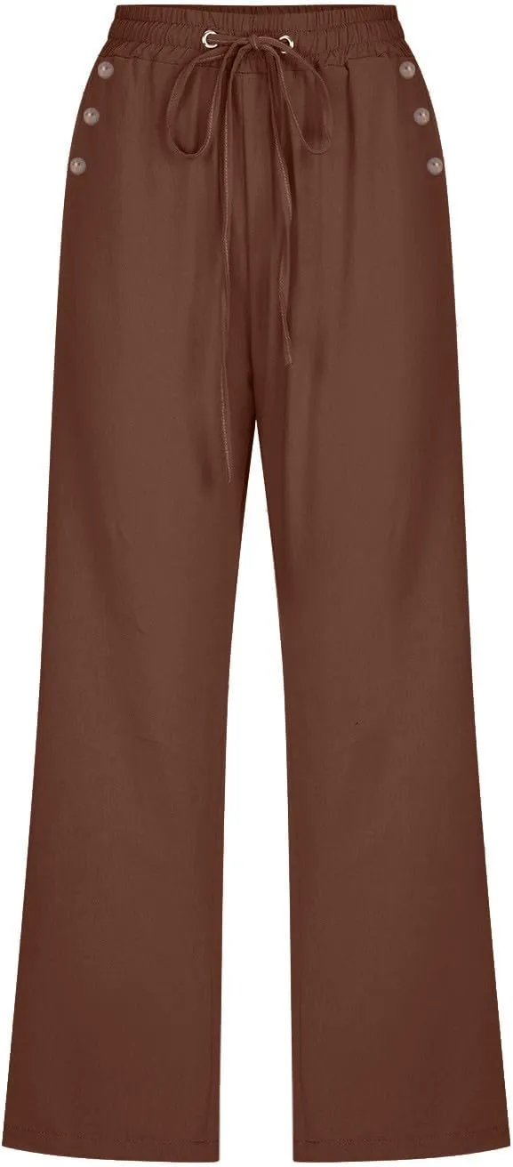 Cropped Trousers Women Drawstring Elasticated Waist Straight Leg Capri Pant Lounge Cotton Linen Shorts with Pockets