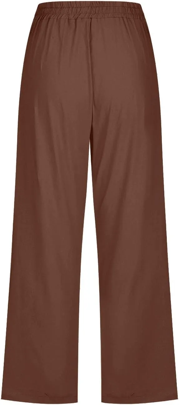 Cropped Trousers Women Drawstring Elasticated Waist Straight Leg Capri Pant Lounge Cotton Linen Shorts with Pockets