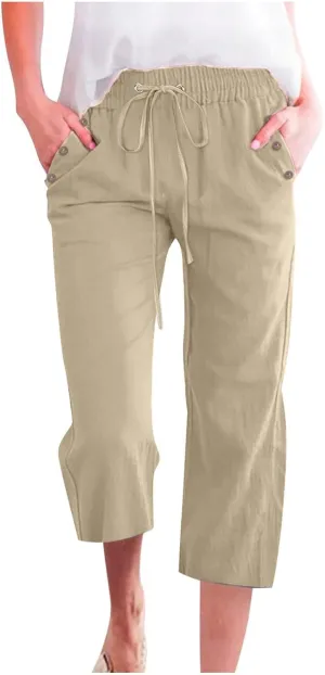 Cropped Trousers Women Drawstring Elasticated Waist Straight Leg Capri Pant Lounge Cotton Linen Shorts with Pockets
