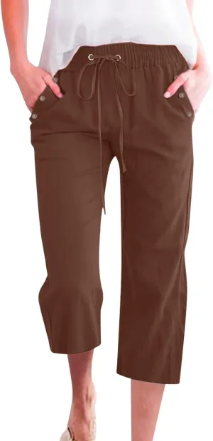 Cropped Trousers Women Drawstring Elasticated Waist Straight Leg Capri Pant Lounge Cotton Linen Shorts with Pockets