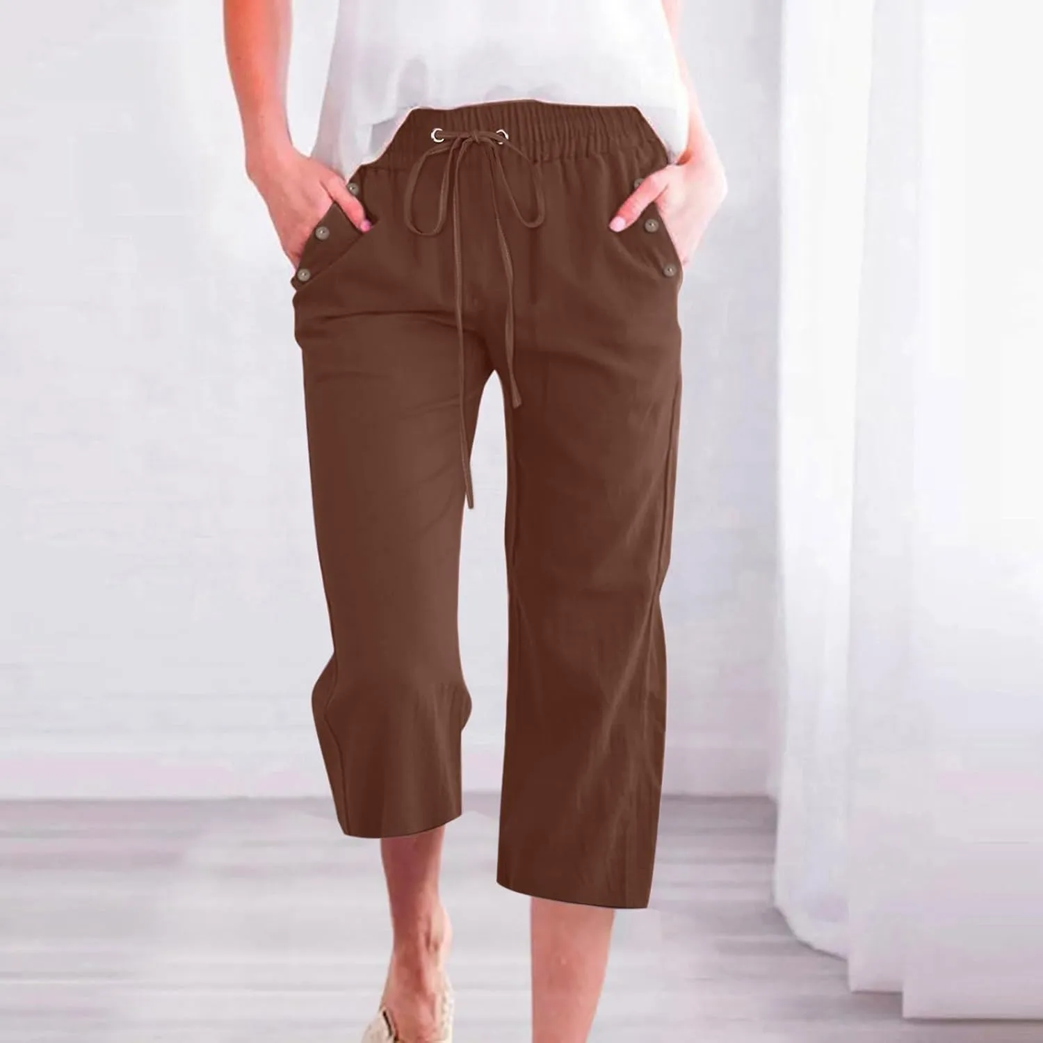 Cropped Trousers Women Drawstring Elasticated Waist Straight Leg Capri Pant Lounge Cotton Linen Shorts with Pockets