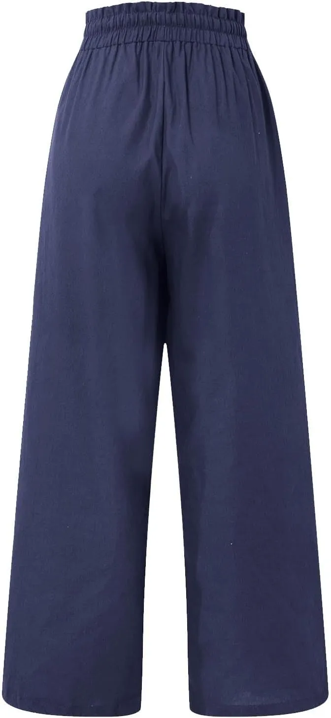 Cropped Wide Leg Linen Pants for Women Drawstring Elastic Waist Paperbag Pants Casual Loose Summer Beach Trousers
