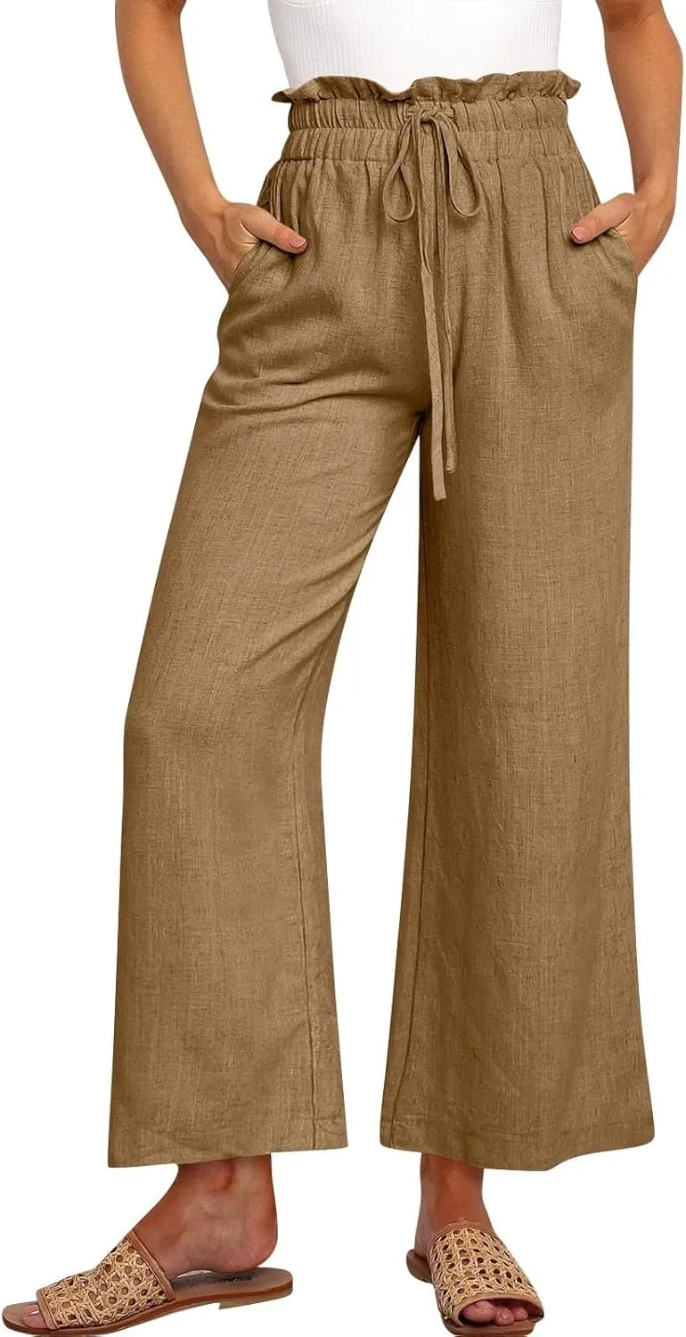 Cropped Wide Leg Linen Pants for Women Drawstring Elastic Waist Paperbag Pants Casual Loose Summer Beach Trousers