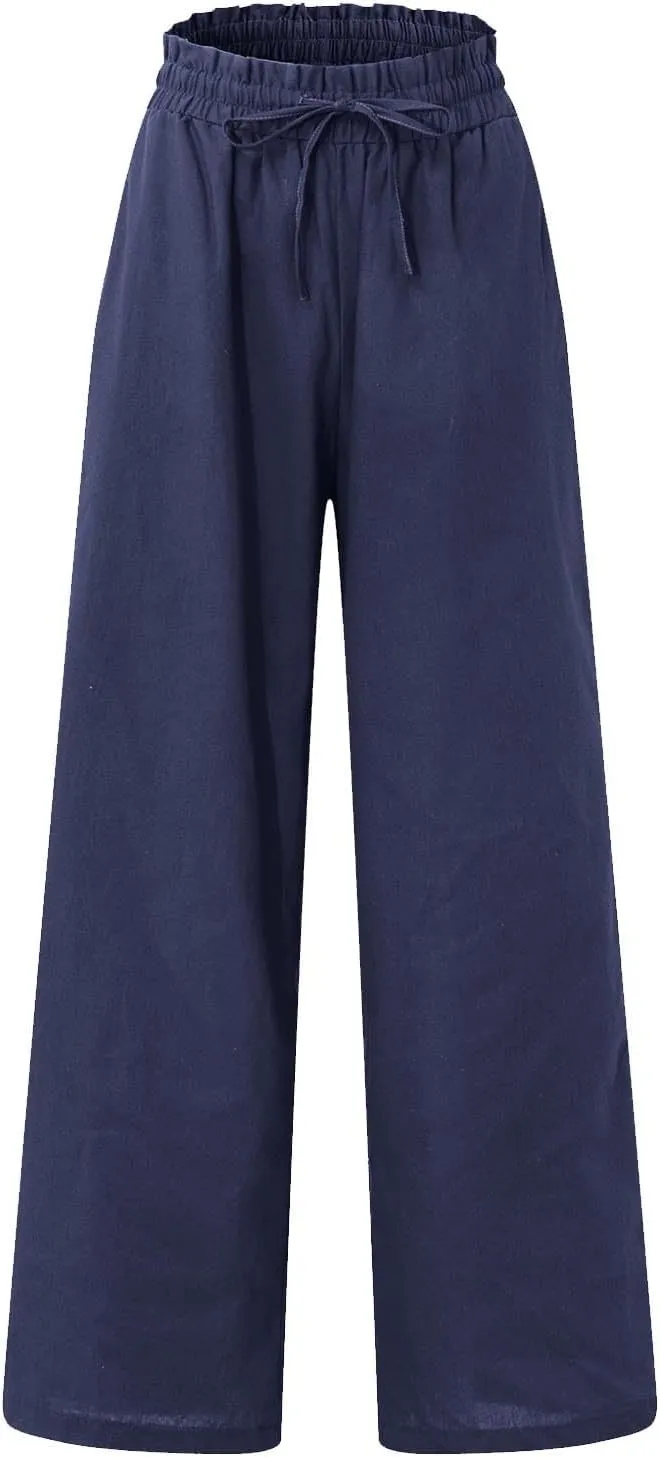 Cropped Wide Leg Linen Pants for Women Drawstring Elastic Waist Paperbag Pants Casual Loose Summer Beach Trousers