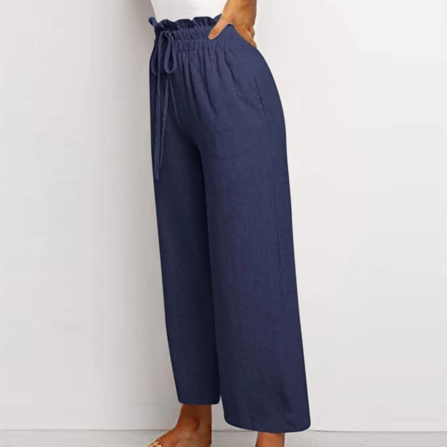 Cropped Wide Leg Linen Pants for Women Drawstring Elastic Waist Paperbag Pants Casual Loose Summer Beach Trousers