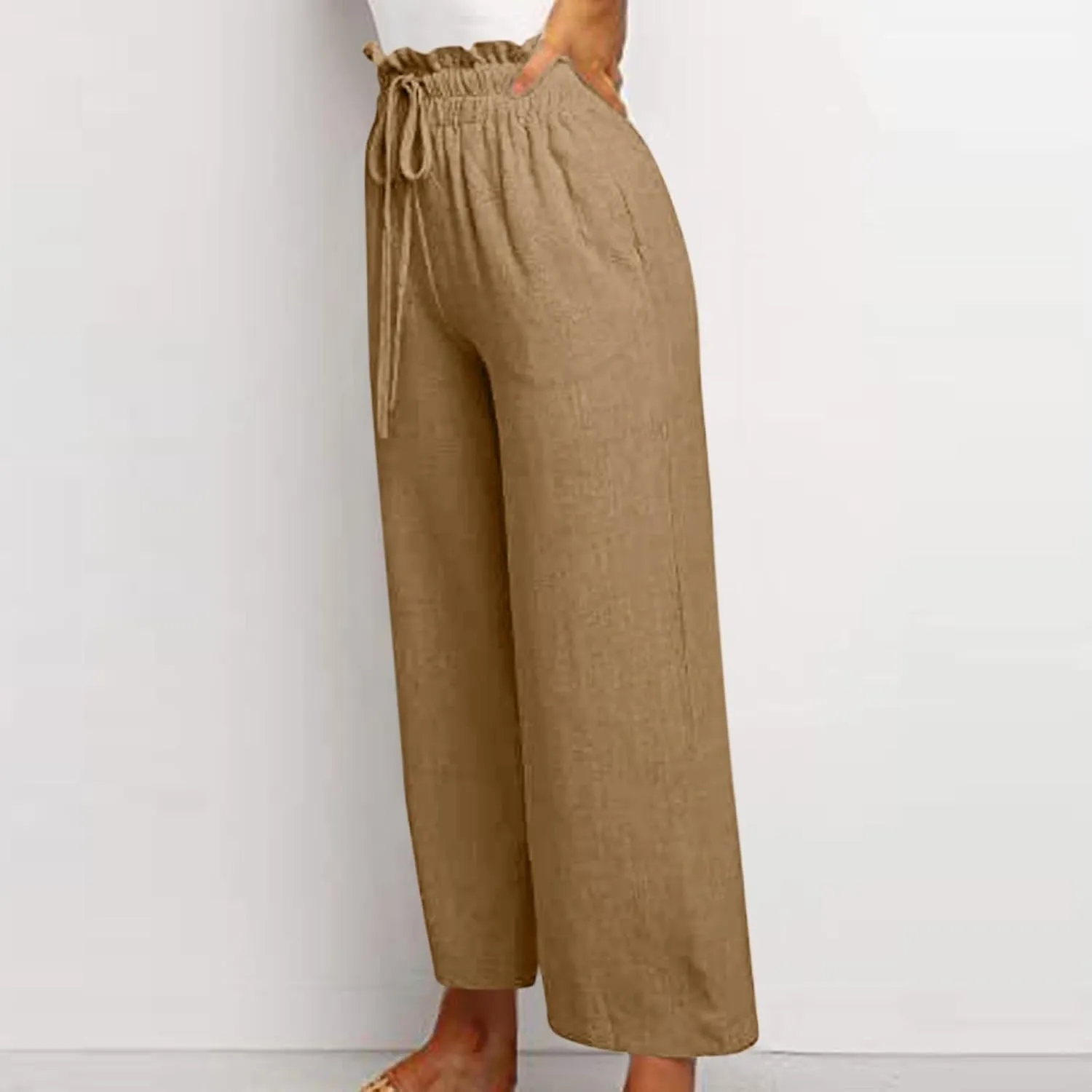 Cropped Wide Leg Linen Pants for Women Drawstring Elastic Waist Paperbag Pants Casual Loose Summer Beach Trousers