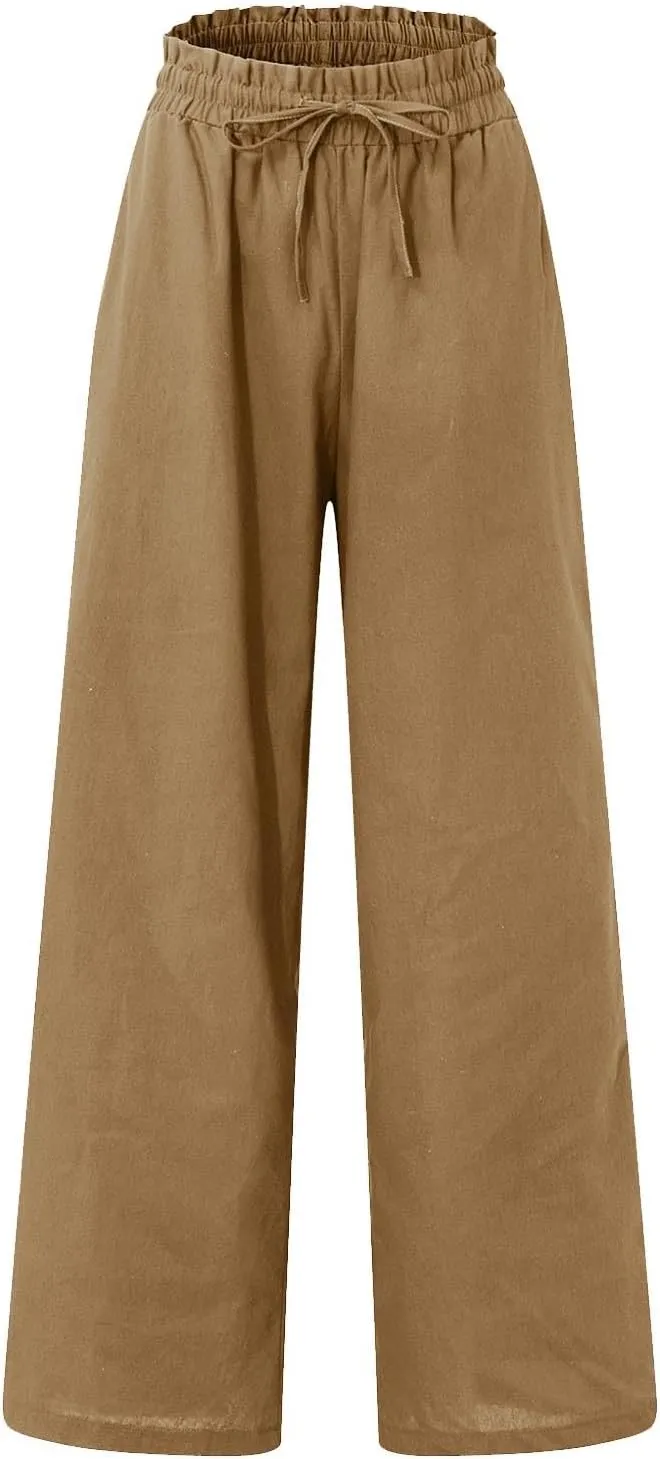 Cropped Wide Leg Linen Pants for Women Drawstring Elastic Waist Paperbag Pants Casual Loose Summer Beach Trousers