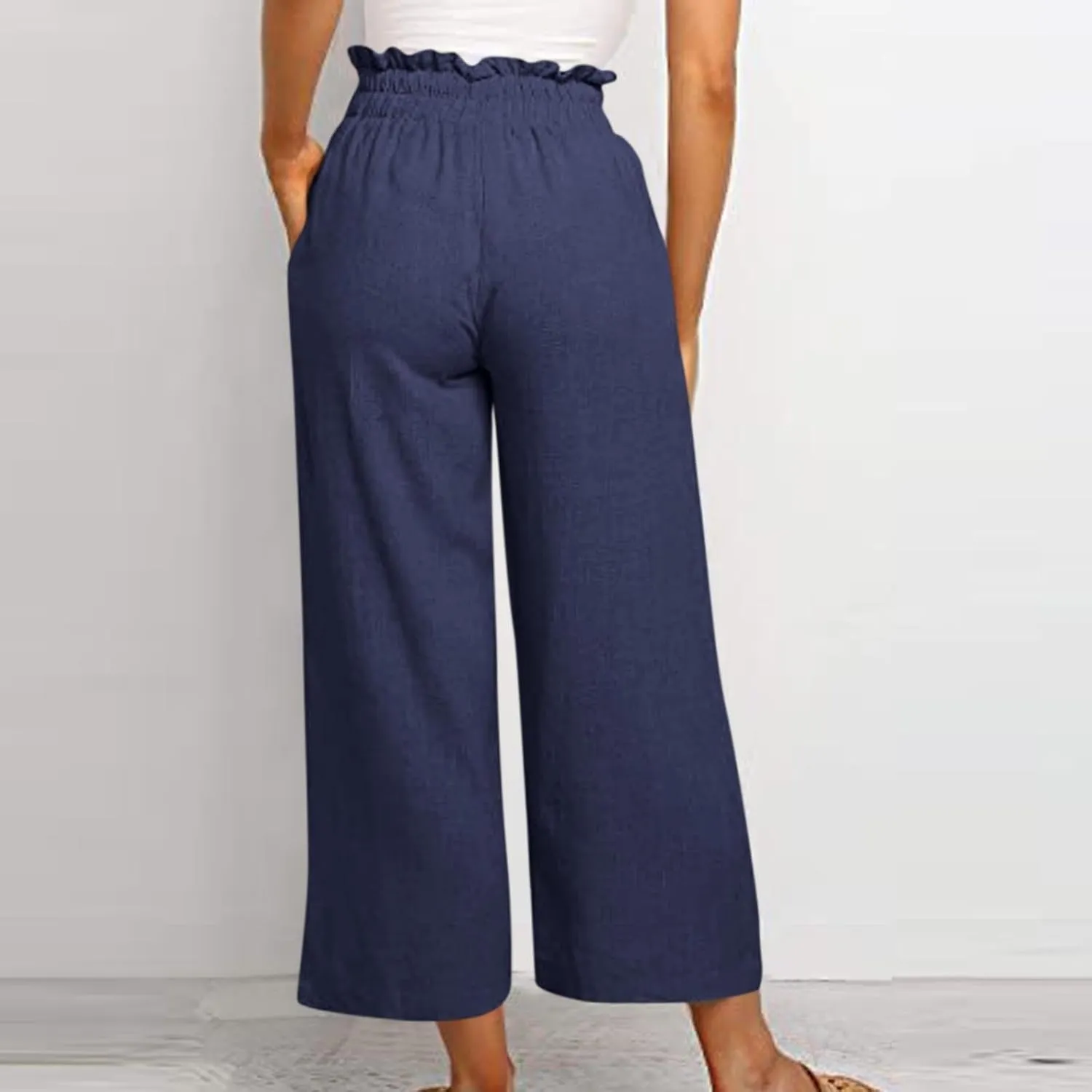 Cropped Wide Leg Linen Pants for Women Drawstring Elastic Waist Paperbag Pants Casual Loose Summer Beach Trousers