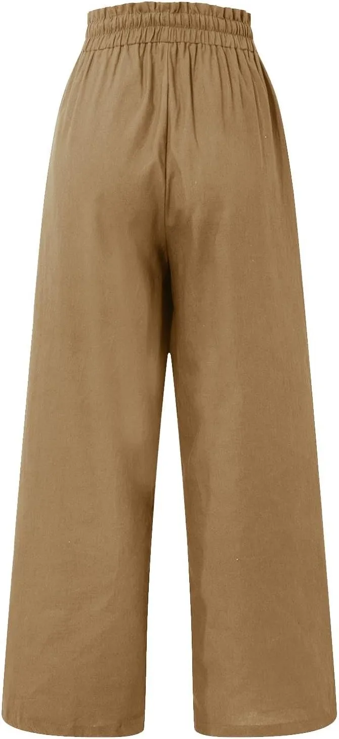 Cropped Wide Leg Linen Pants for Women Drawstring Elastic Waist Paperbag Pants Casual Loose Summer Beach Trousers