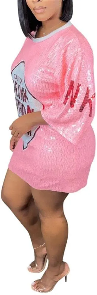cu4eve Sequin T Shirt Dress for Women, Women's Summer Sparkly Glitter Short Sleeve Midi T-Shirt Dress Plus Size Loose Blouse