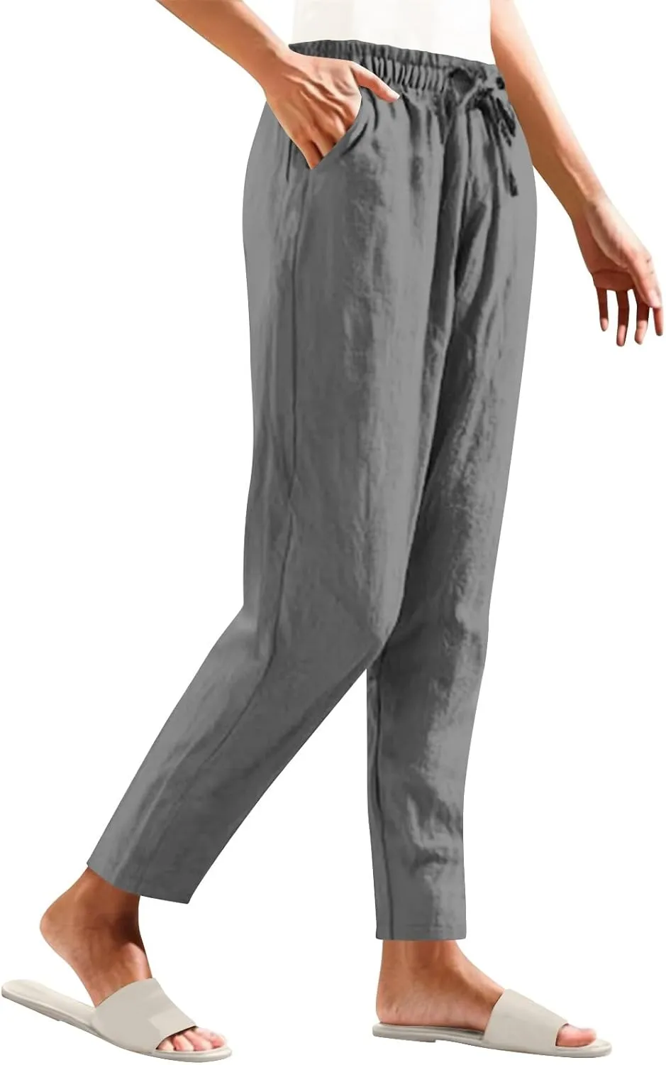 DDAPJ pyju Women High Waisted Linen Pants 2025 Summer Casual Drawstring Waist Pants Wide Leg Trousers with Pockets