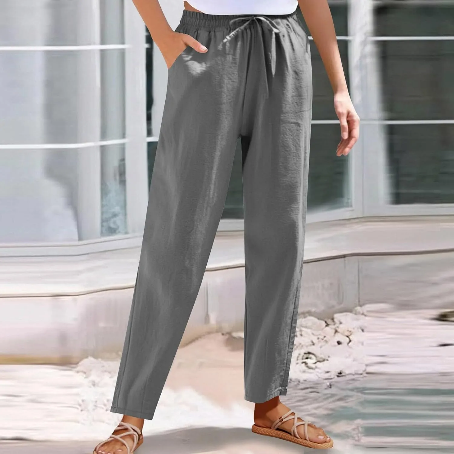 DDAPJ pyju Women High Waisted Linen Pants 2025 Summer Casual Drawstring Waist Pants Wide Leg Trousers with Pockets