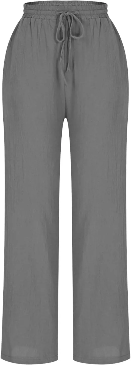 DDAPJ pyju Women High Waisted Linen Pants 2025 Summer Casual Drawstring Waist Pants Wide Leg Trousers with Pockets