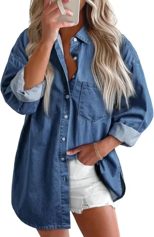 Denim Jacket for Women Frayed Hem Ripped Distressed Jean Jacket Oversized Long Sleeve Button Down Shirt Shacket