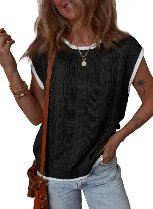 Dokotoo Tank Tops for Women Round Neck Cap Sleeve Color Block Cable Knit Womens Tank Tops Sweater Vest Women
