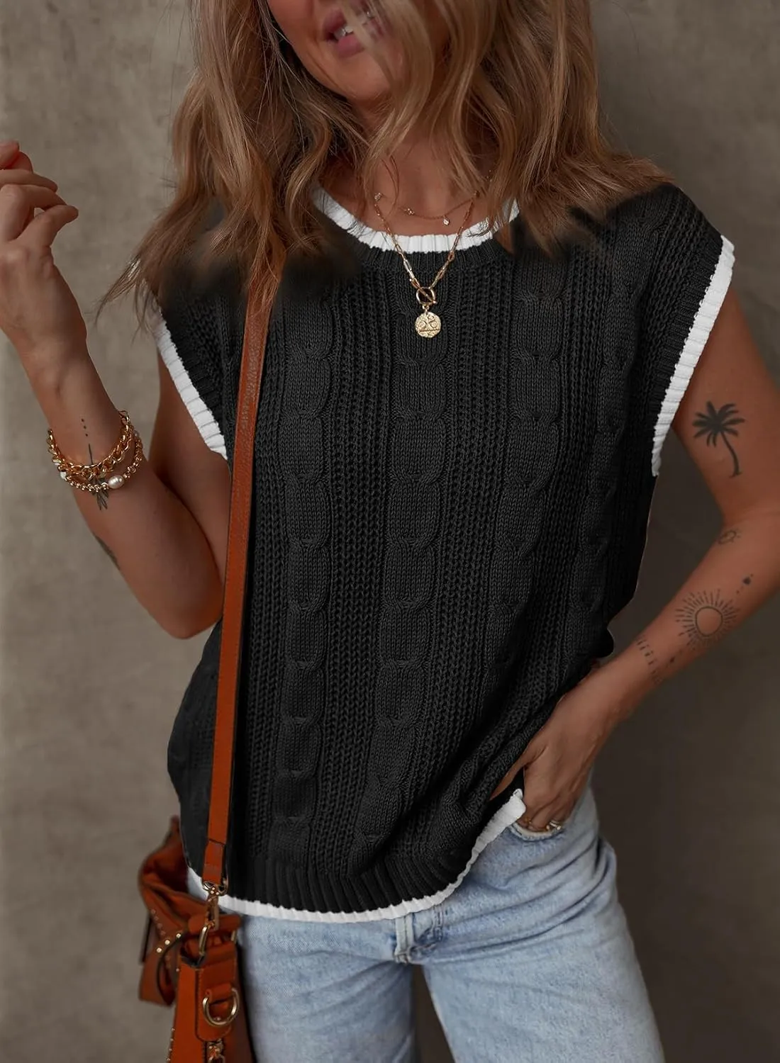 Dokotoo Tank Tops for Women Round Neck Cap Sleeve Color Block Cable Knit Womens Tank Tops Sweater Vest Women