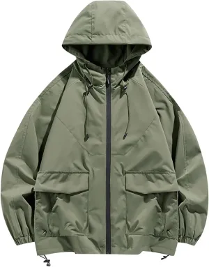 Drawstring Hooded Windbreaker Women Lightweight Baggy Waterproof Raincoat Fall Zip Up Jackets with Pockets Outdoor