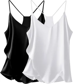 Ekouaer Womens Satin Cami Tops 2 Pack V Neck Silk Camisole Tank Top Spaghetti Strap Racerback Camis Blouse Shirt