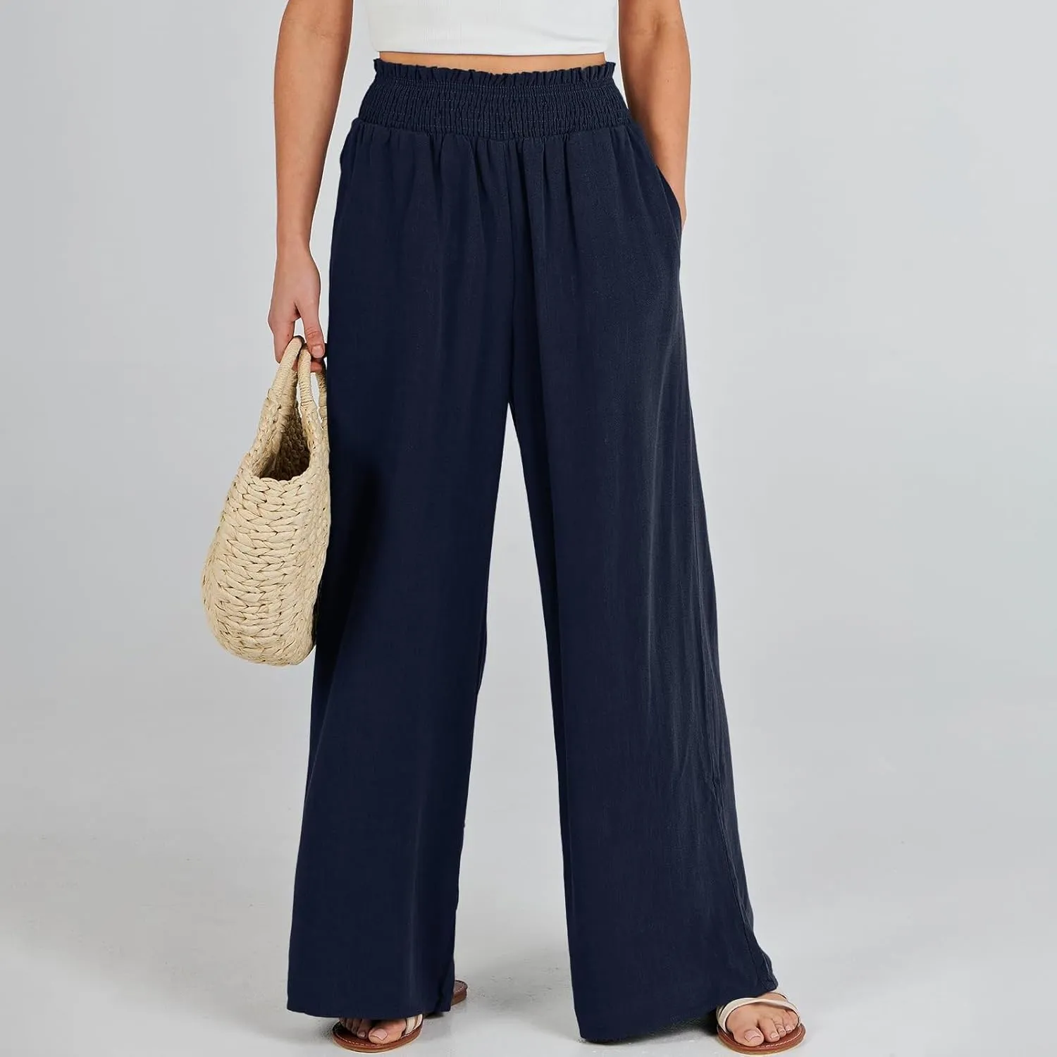 Elastic Waist Wide Leg Linen Pants for Women Pleated Pull On Slacks Dressy Casual Loose Comfy Work Trousers w/Pockets