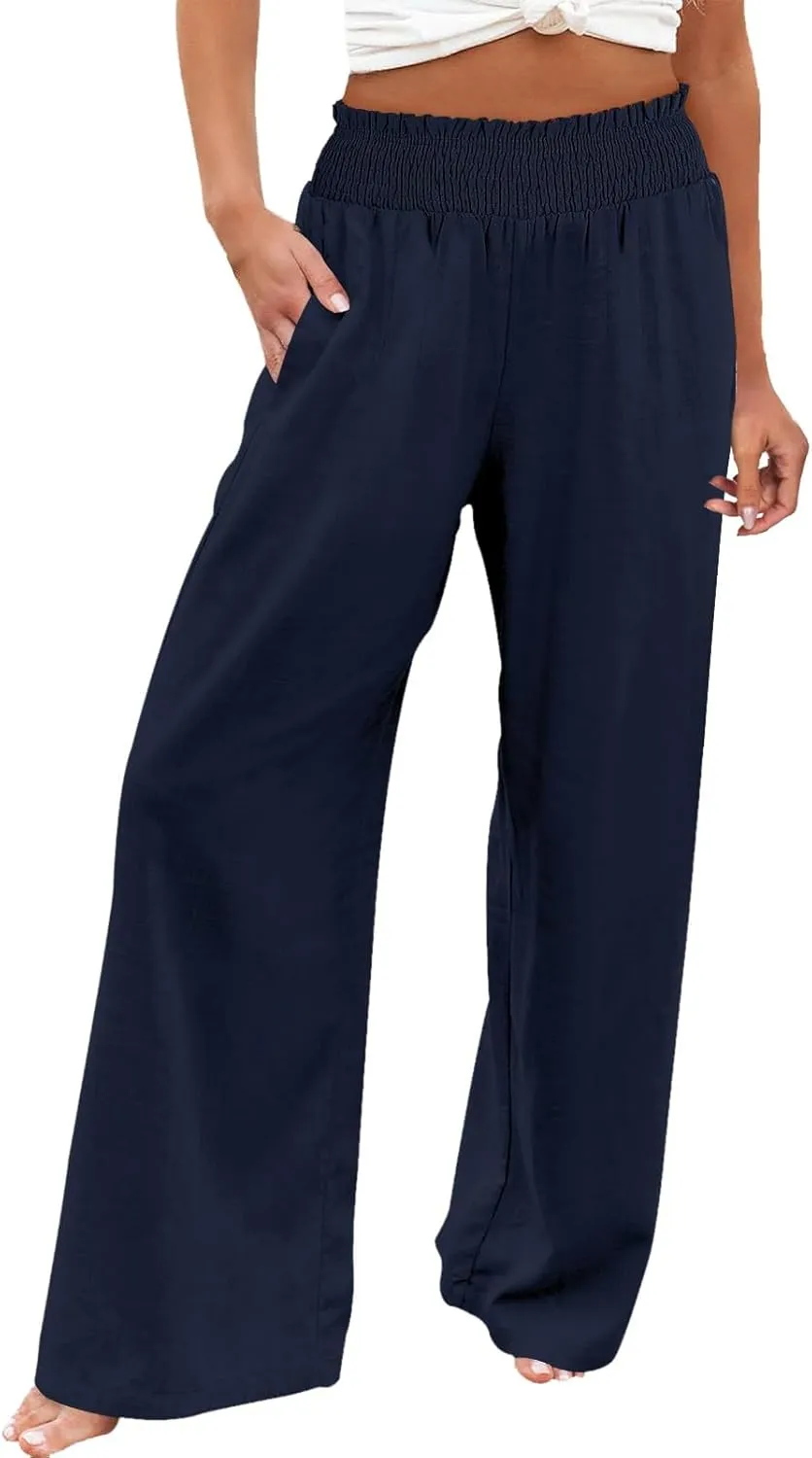 Elastic Waist Wide Leg Linen Pants for Women Pleated Pull On Slacks Dressy Casual Loose Comfy Work Trousers w/Pockets
