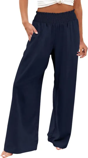Elastic Waist Wide Leg Linen Pants for Women Pleated Pull On Slacks Dressy Casual Loose Comfy Work Trousers w/Pockets