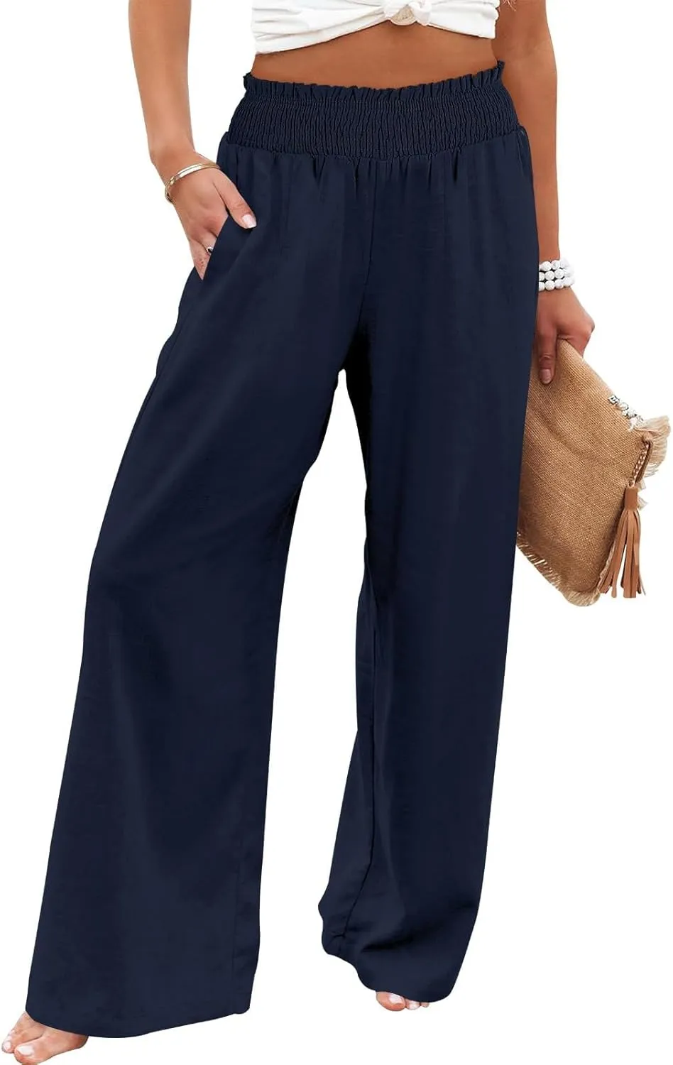 Elastic Waist Wide Leg Linen Pants for Women Pleated Pull On Slacks Dressy Casual Loose Comfy Work Trousers w/Pockets
