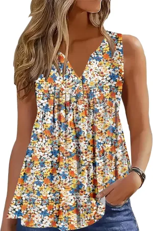 ETCYY Women Tank Tops 2025 Spring Clothes Summer V Neck Pleated Shirts Button Down Dressy Casual Sleeveless Blouse