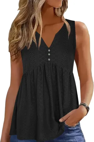 ETCYY Women Tank Tops 2025 Spring Clothes Summer V Neck Pleated Shirts Button Down Dressy Casual Sleeveless Blouse
