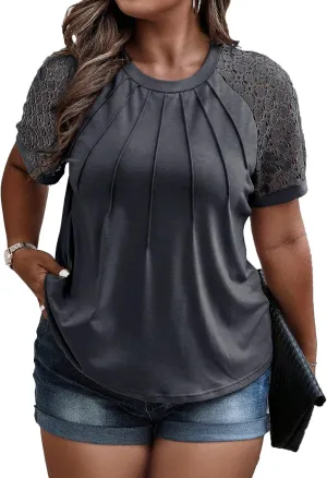 Eytino Plus Size Tops for Women Summer Lace Short Sleeve Crewneck Loose Casual Blouse Tunic T Shirts(1X-5X)