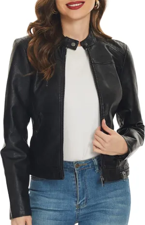 Fahsyee Black Faux Leather Jackets for Women Motorcycle PU Moto Biker Outwear Coat