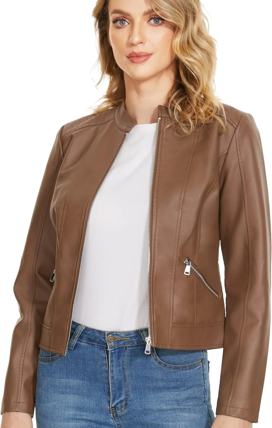 Fahsyee Women's Faux Leather Jackets, Camel Crop Petite Zip Up Motorcycle Short PU Moto Biker Outwear Stand Collar Fitted Slim Coat, Size M