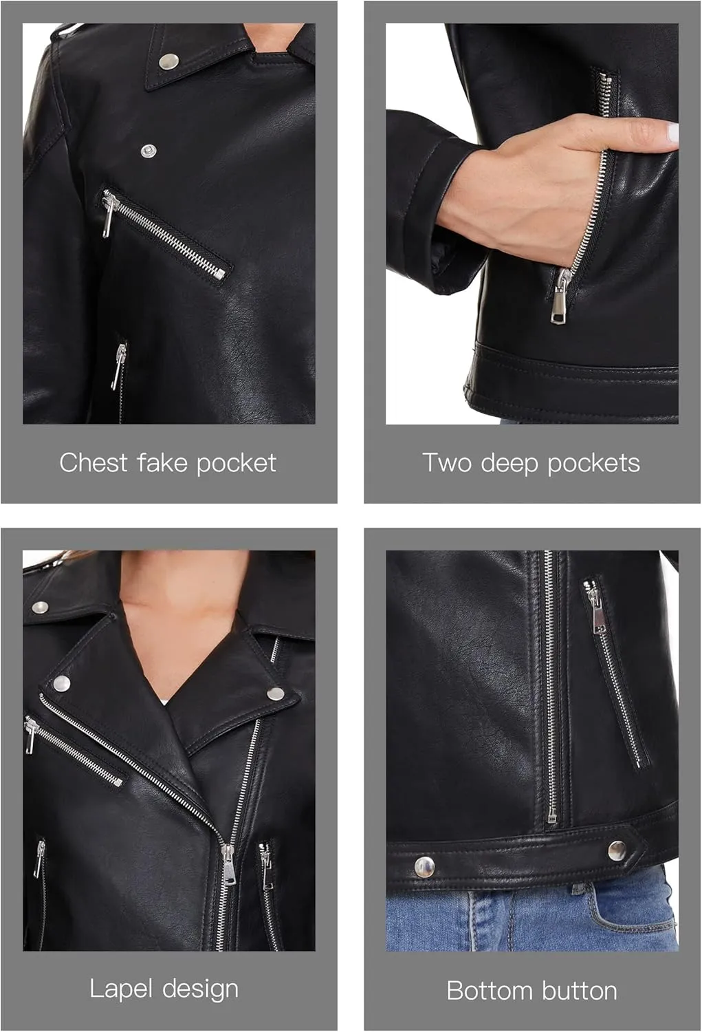 Fahsyee Women's Faux Leather Jackets, Zip Up Motorcycle Short PU Moto Biker Outwear Fitted Slim Coat