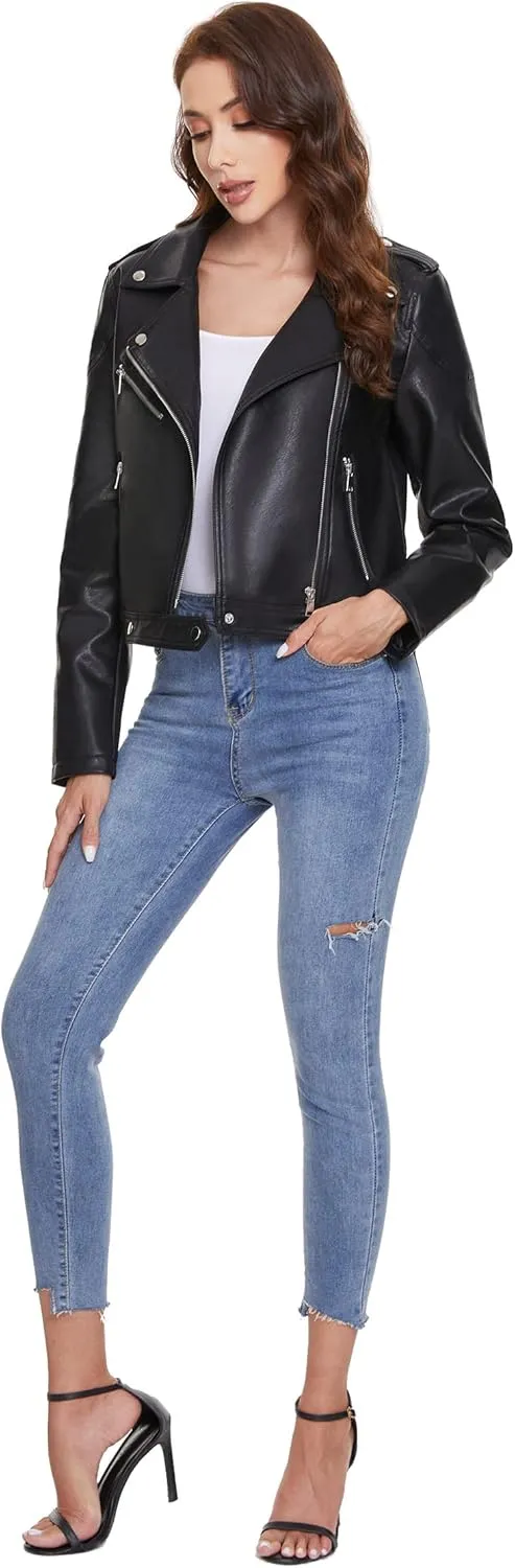 Fahsyee Women's Faux Leather Jackets, Zip Up Motorcycle Short PU Moto Biker Outwear Fitted Slim Coat