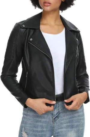 Fahsyee Women's Faux Leather Jackets, Zip Up Motorcycle Short PU Moto Biker Outwear Fitted Slim Coat