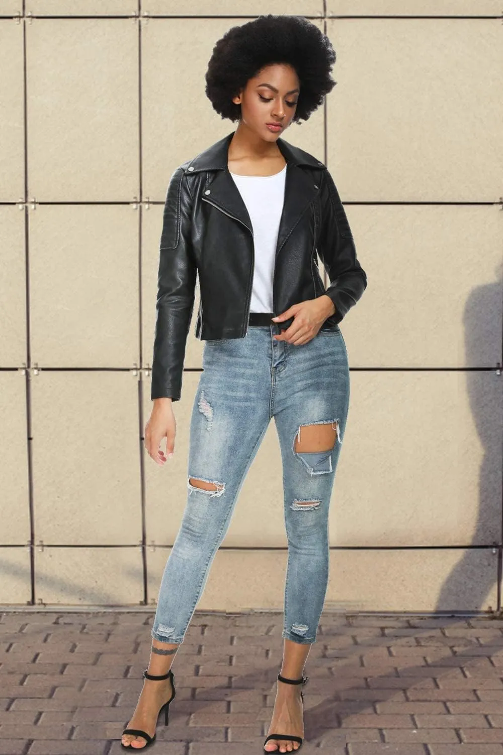 Fahsyee Women's Faux Leather Jackets, Zip Up Motorcycle Short PU Moto Biker Outwear Fitted Slim Coat