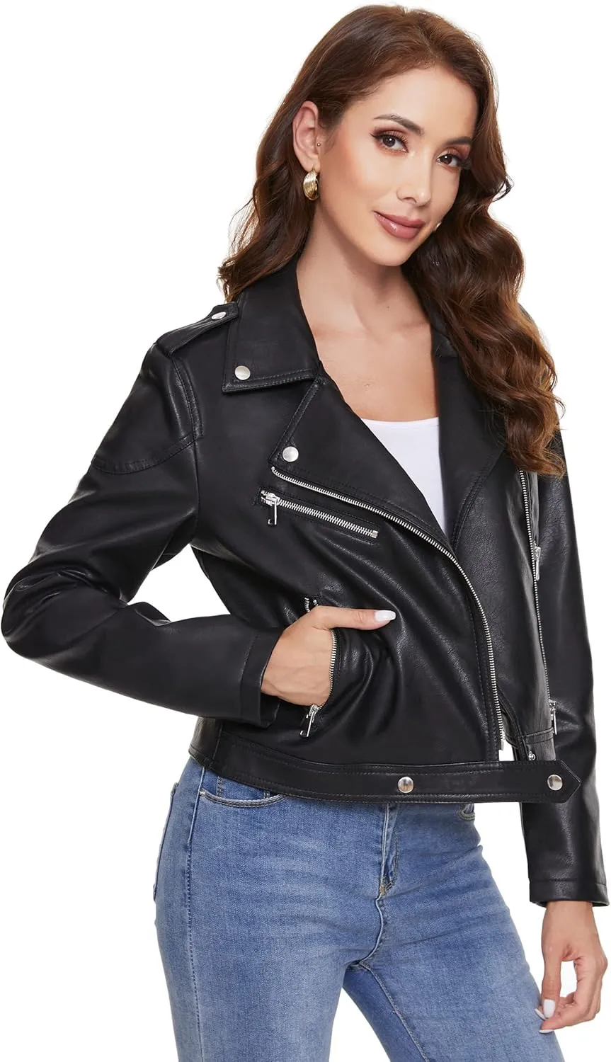 Fahsyee Women's Faux Leather Jackets, Zip Up Motorcycle Short PU Moto Biker Outwear Fitted Slim Coat